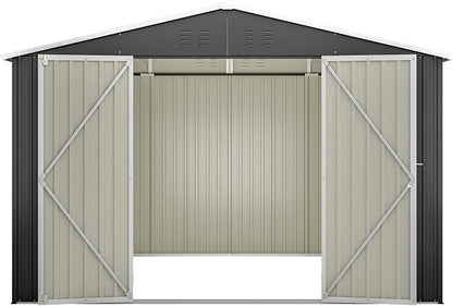 PVWIIK 10x10 FT Large Outdoor Metal Storage Shed, Heavy Duty Waterproof Steel Garden Tool Shed with Lockable Doors, Utility Storage Building for Backyard Patio Lawn Garden, Black