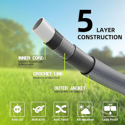 Worth Short Lead-in Gray Garden Hose 5/8 in. x 12 ft. -Kink Free, No Leaking, Male/Female Fittings -Heavy Duty Durable Flexible Lightweight Water Pipe -Brass Aluminum Ends for Household & Yard Use