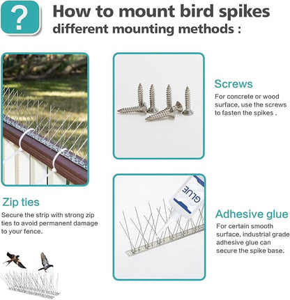 KKY Bird Spikes Stainless Steel Base, Metal Bird Repellent Nail Fence Kit, Can Be Used to Stop Pigeons and Other Small Birds, Covering 65 Feet 60 Packs.