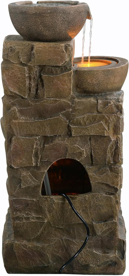 Teamson Home 33.27" Cascading Bowls & Stacked Stones LED Water Fountain for Outdoor Living Spaces, Brown | LED Lights, Cascading Bowls & Stacked Stones, Polyresin, For Patio, Garden, Balcony, Lawn, Yard