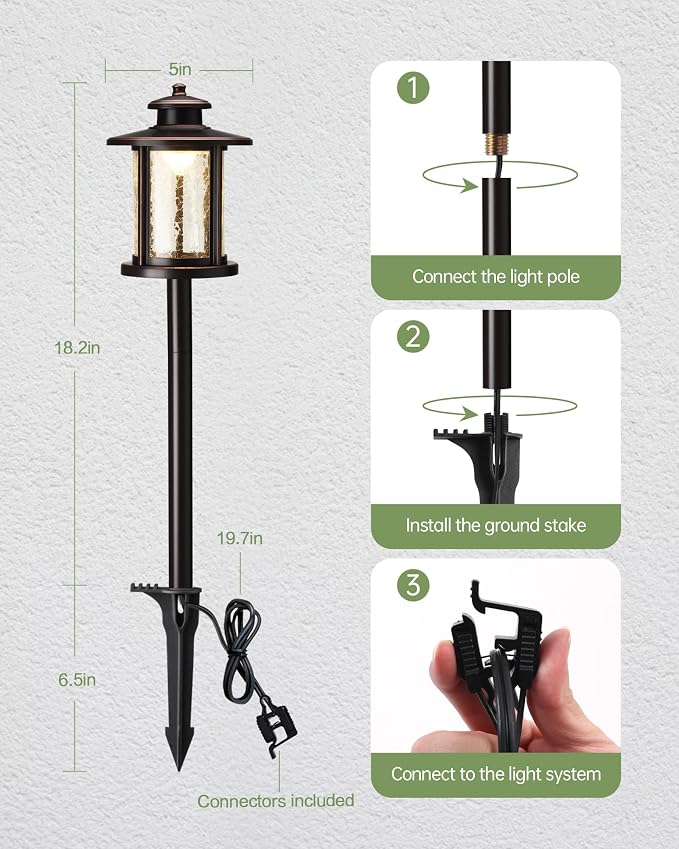 LITFIT Low Voltage Landscape Lighting, 12V 3.4W 155LM 3000K Outdoor Path Lights with Connectors, Crackled Shade, ORB Finish, Waterproof Aluminum LED Walkway Light Wired for Garden Yard, 6 Pack