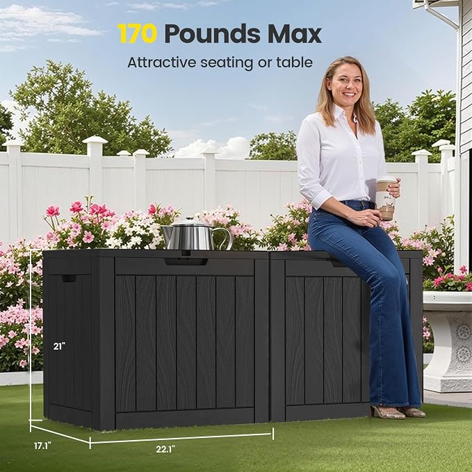 Zapdos 31 Gallon Outdoor Deck Box, Lockable Waterproof Outdoor Storage Boxes For Garden Tools, Indoor Cushions, Accessories Outside Storage Resin Weatherproof Container (Black)