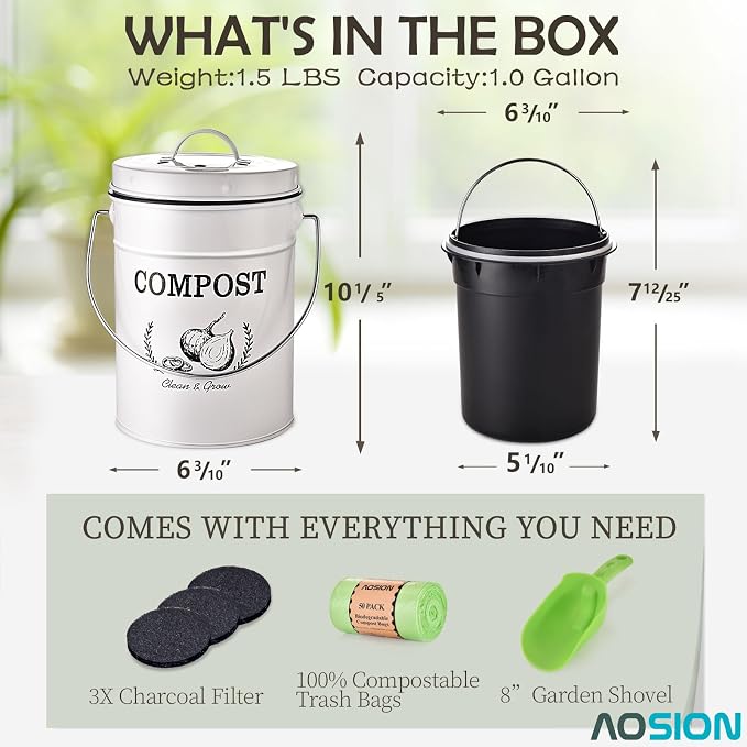 AOSION 1 Gallon Countertop Compost Bin for Kitchen with Lid,Odor Resistant | Farmhouse compost bin with charcoal filter,inner bucket and bags,easy kitchen food waste storage