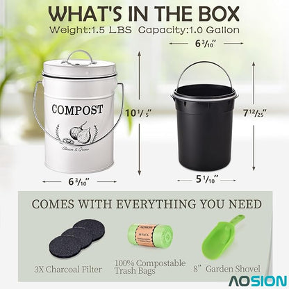 AOSION 1 Gallon Countertop Compost Bin for Kitchen with Lid,Odor Resistant | Farmhouse compost bin with charcoal filter,inner bucket and bags,easy kitchen food waste storage