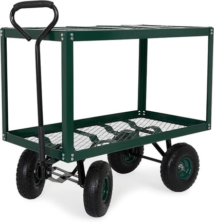 Backyard Expressions 2 Tier Garden Cart, 600 lb Total Capacity, Outdoor Utility Cart with Wheels, Steel Mesh Shelves, Pneumatic Tires, Pull Handle Rolling Wagon for Yard & Lawn