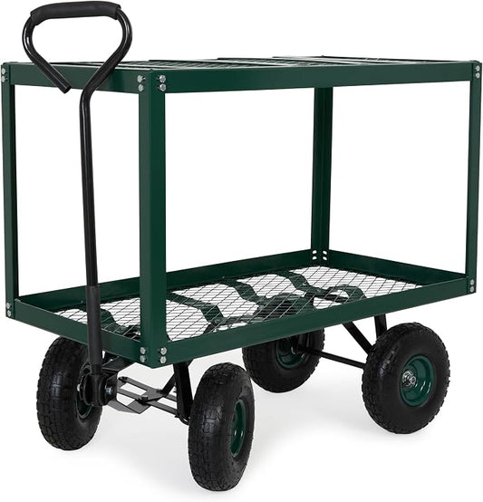 Backyard Expressions 2 Tier Garden Cart, 600 lb Total Capacity, Outdoor Utility Cart with Wheels, Steel Mesh Shelves, Pneumatic Tires, Pull Handle Rolling Wagon for Yard & Lawn