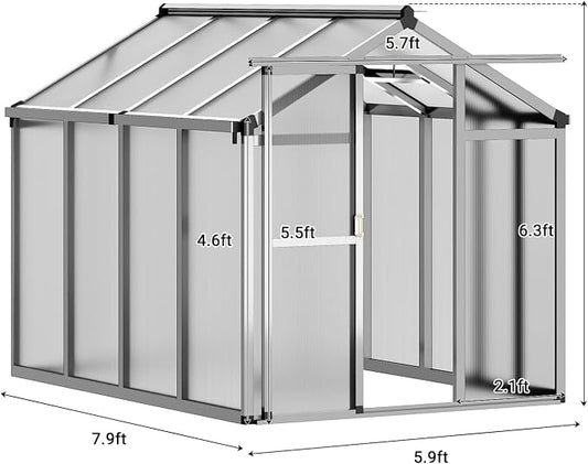 Greenhouse, 6x8 Ft Outdoor Greenhouses, Accessible Green House with Roof Vents and Sliding Doors, Aluminum Frame Polycarbonate Greenhouses, Large Greenhouse for Outdoor Gardens and Backyards, Silver