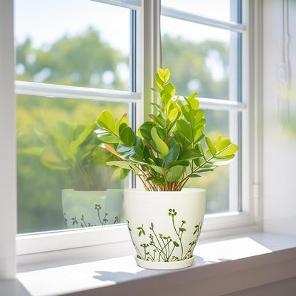MPotTo Ceramic Plant Pot, 6.8 Inch, White | Indoor Flower Pot, Drainage Hole and Saucer, Decorative Boho Round, Outdoor Indoor Planter