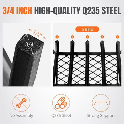 Fireplace Grates with Ember Retainer - 17 Inch Fireplace Log Grate, Firewood Wood Log Holder Rack, Inside Wrought Cast Iron Fire Grate for Hearth Indoor Outdoor Camping