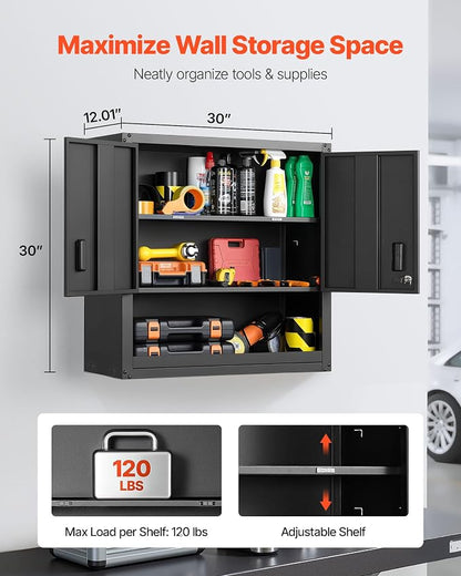 VEVOR Metal Wall Cabinet, 30W x 12.01D x 30H Inch, Steel Floating Hanging Storage Cabinet with Locking Doors and Adjustable Shelf for Garage, Basement, Kitchen, Warehouse Assembly Required, Black