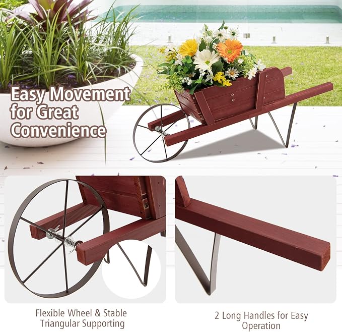 Wooden Wagon Planter, 27.5"x10.5"x11.5" Wheelbarrow Cart Plant Pot with Halloween Decoration & Metal Supports, Single Wheel Movable Garden Flower Cart Planter for Yard, Backyard (Red)