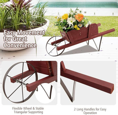 Wooden Wagon Planter, 27.5"x10.5"x11.5" Wheelbarrow Cart Plant Pot with Halloween Decoration & Metal Supports, Single Wheel Movable Garden Flower Cart Planter for Yard, Backyard (Red)