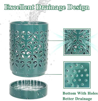 Orchid Pots with Holes 4 Inch 2 Pack, Ceramic Orchid Pot for Repotting with Saucers,More Ventilation Hole Easy Breathing, Plant Pot for Repotting Orchids, Green and White