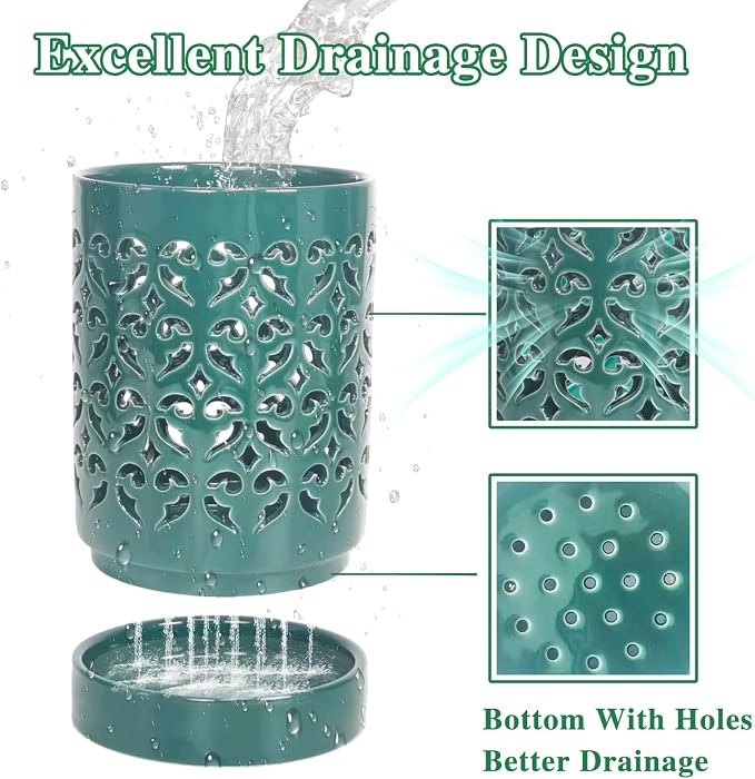 Orchid Pots with Holes 4 Inch 2 Pack, Ceramic Orchid Pot for Repotting with Saucers,More Ventilation Hole Easy Breathing, Plant Pot for Repotting Orchids and Other Flowers,Bullish Green