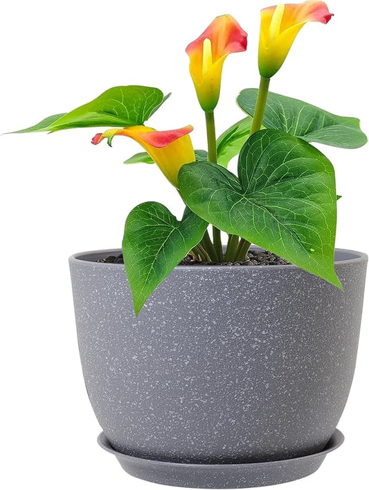 Meowell Plant Pots 12 inch, Plastic Planters with Drainage Holes and Saucers, Large Flower Pots for Indoor Outdoor Plants, Modern Decorative Pots for Garden House Plants, Speckled Grey
