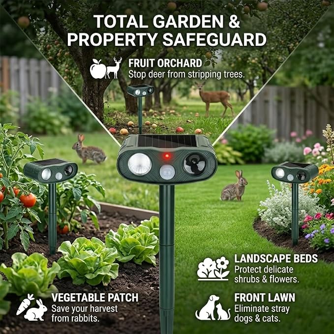 4Pack Sonic Fortress Pro Deer Repellent Devices to Protect Hostas&Plants,Solar Ultrasonic Animal Repellent with Flash Light&Motion Activated for Garden,Yard,Keep Rabbit,Squirrel Away 2026