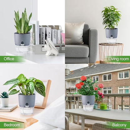 Oliz 6" Self Watering Pots for Indoor Plants, 6pk Grey w/Drainage Saucers | w/ 1 Free Spray Bottle, Plastic Planters for Arican Voilet, Flower Pots for All House Plants