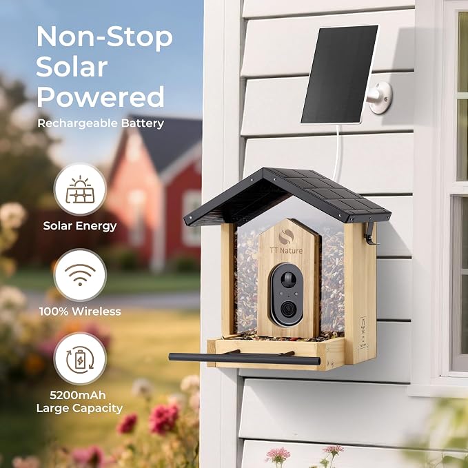 TT Nature Bird Feeder with Camera Solar Powered, Upgraded 1.5L Smart Bird Feeder Camera for Bird Watching, Auto Capture & Instant Real-time Notifications, Ideal Gift for Bird Lovers