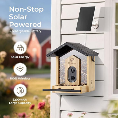 TT Nature Bird Feeder with Camera Solar Powered, Upgraded 1.5L Smart Bird Feeder Camera for Bird Watching, Auto Capture & Instant Real-time Notifications, Ideal Gift for Bird Lovers