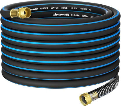 DEWENWILS 5/8" x 50FT Heavy Duty Garden Hose, 300psi Working & 1000psi Burst, Solid Brass 3/4" GHT Fittings, Hot/Cold Water, 5 Layer Construction, Rubber Water Hose for Yard, Garden, Lawn