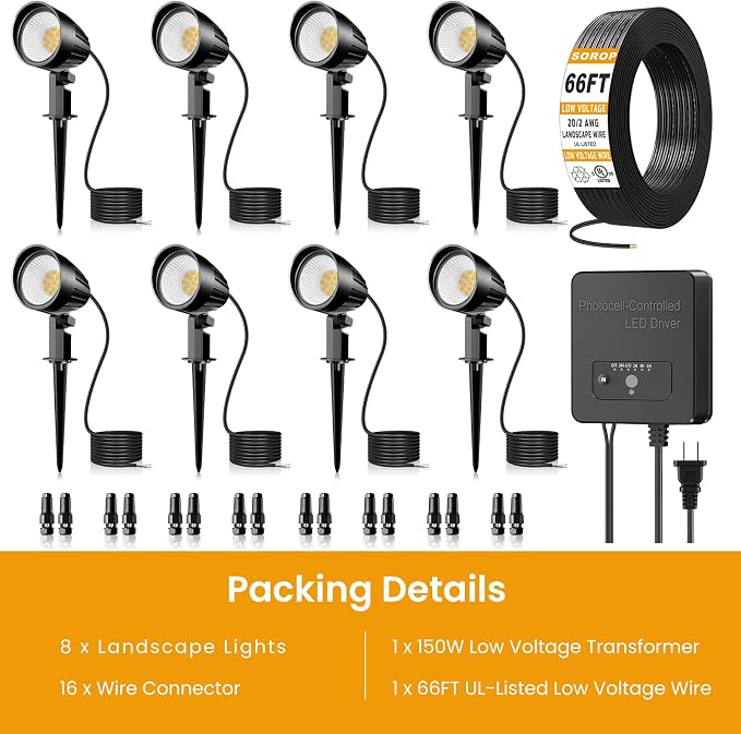 Low Voltage Landscape Lighting Kit, 12W Landscape Lights with 150W Transformer 65FT UL-Listed Wire & Connectors, 2700K Waterproof Outdoor Garden Lights for Yard House Tree 12V-24V 8Pack