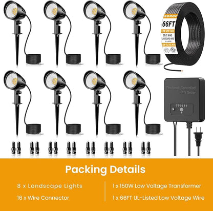Low Voltage Landscape Lighting Kit, 12W Landscape Lights with 150W Transformer 65FT UL-Listed Wire & Connectors, 2700K Waterproof Outdoor Garden Lights for Yard House Tree 12V-24V 8Pack