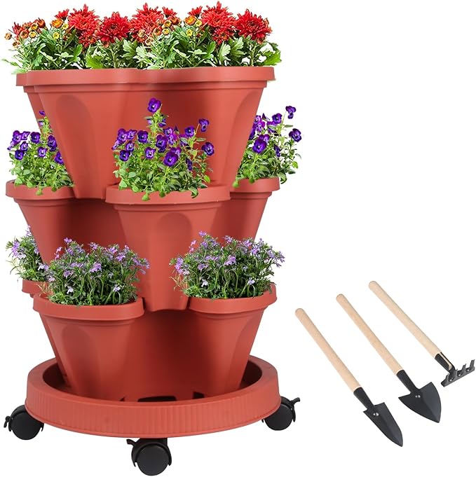 GameXcel Vertical Planter Tower - 3 Tier Stackable Garden Planters with Wheels and Tools Plant Pots for Strawberry Herb Flower and Vegetable Indoor Outdoor Use Red