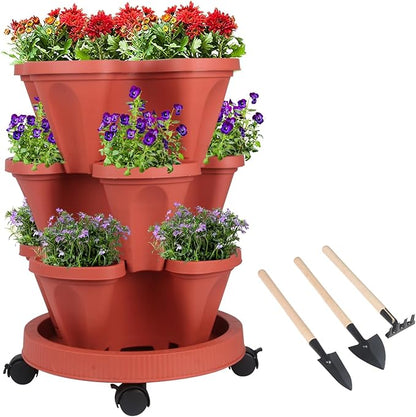 GameXcel Vertical Planter Tower - 3 Tier Stackable Garden Planters with Wheels and Tools Plant Pots for Strawberry Herb Flower and Vegetable Indoor Outdoor Use Red
