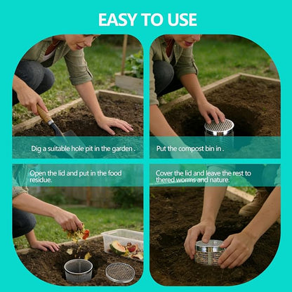 4 Pack Underground Worm Composting Bin with Gardening Gloves - Small Round Metal Stainless Steel Composter for Family Garden, Outdoor Compost Bins (4)