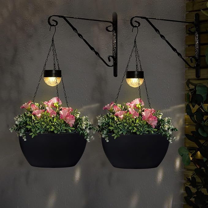 BAYN 2 Packs Solar Hanging Basket Planters for Plants Outdoor | Self Watering, Black Flower Pots with Solar Light , Hanging Planters with Drainer for Balcony Patio Garden Decoration
