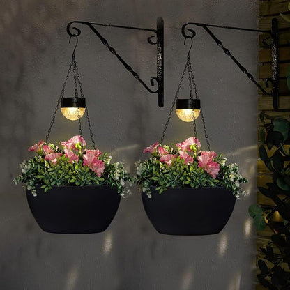 BAYN 2 Packs Solar Hanging Basket Planters for Plants Outdoor | Self Watering, Black Flower Pots with Solar Light , Hanging Planters with Drainer for Balcony Patio Garden Decoration