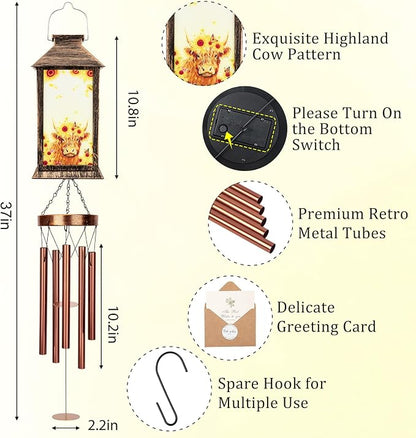 YHmall Highland Cow Wind Chimes for Outside, 37" Windchimes Outdoor Memorial Gifts for Women Mom Grandma, Hanging Solar Lantern Wind Chimes for Patio Garden Outdoor Decor