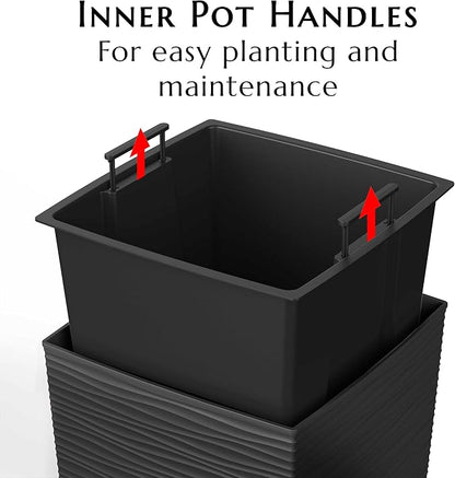 Mueller M-Resin Heavy Duty Tall Planters for Outdoor Plants, Indoor Grande Plant Pots, Boxes, Trees, Flower Pots, 2-Piece Set, 24”, Modern Design, Built-in Drainage, Front Porch Decor, Dark Gray