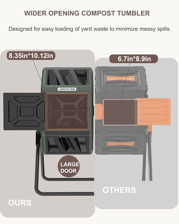 THE Growing 53 Gallon Large Outdoor Compost Bin Tumbler Barrel, Green | Dual 26.5gal lawn-matching chambers for bulk waste. Reinforced frame adds stability. Easy outdoor bolt structure assembly.
