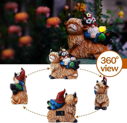 Pohabery Garden Gnomes Decor Outdoor Statues Gnome on Highland Cow Hold Solar Cup Light Outdoor Decorations for Patio,Yard and Gift for Mom（L