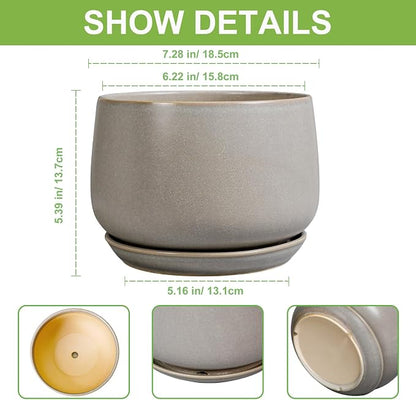 G EPGardening Ceramic Pots for Plants 7 Inch - Large Ceramic Planters for Indoor Plants Outdoor Modern Flower Pot with Drainage Holes and Saucer for Office Garden Patio Grey
