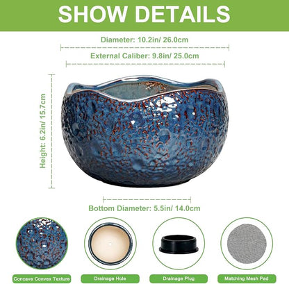 10 Inch Plant Pot - Ceramic Planter for Indoor Outdoor, Round Bonsai Pots, Decorative Flower Pots with Drainage Hole, Modern Unique Planters, House Decor, Home Gifts, Retro Blue