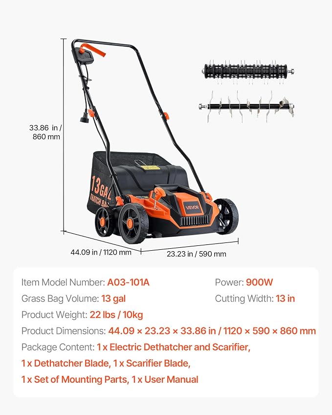 VEVOR 2-in-1 Electric Dethatcher and Scarifier, 13-Inch 13 Amp, Corded Lawn Dethatcher with 13-Gallon Thatch Collection Bag, 5-Position Depth Adjustment, Walk Behind Machine for Garden Yard Grass