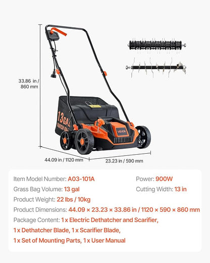 VEVOR 2-in-1 Electric Dethatcher and Scarifier, 13-Inch 13 Amp, Corded Lawn Dethatcher with 13-Gallon Thatch Collection Bag, 5-Position Depth Adjustment, Walk Behind Machine for Garden Yard Grass