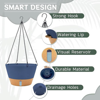 ZMTECH 12 Inch Hanging Planters for Indoor, 2 Pack Large Plant Pot with Visible Water Level and Chain, Self Watering Hanging Flower Pot for Outdoor Garden Porch(Blue)