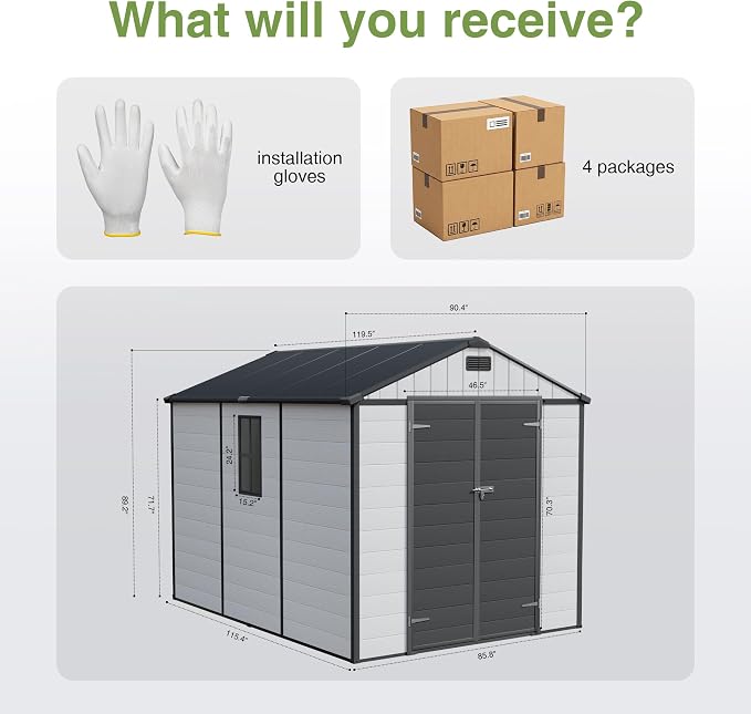 Greesum 8x10FT Resin Outdoor Storage Shed with Floor and Windows, All Weather Plastic Shed with Lockable Door & Vents for Garden, Backyard, Lawn, Light Gray