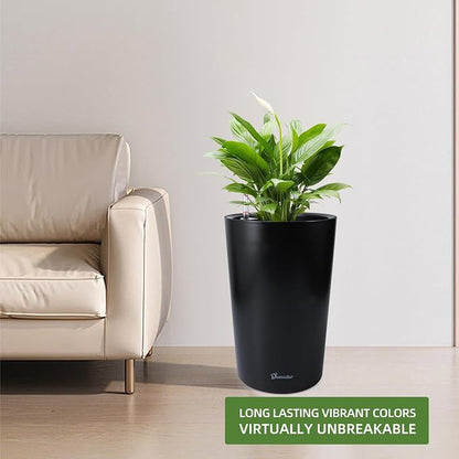 Dexceder 16x12 Self Watering Tall Planter (Black Matte) | High Cylinder, Thickened Large Floor Standing Flower Plant Pot with Water Level Indicator Indoor Outdoor
