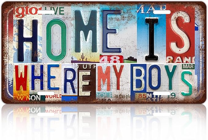 Vintage Family Wall Decor Home Is Where My Boys Are License Plate | Metal Sign Tin Signs