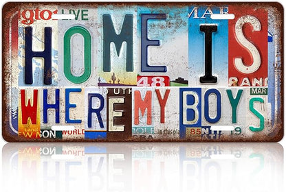 Vintage Family Wall Decor Home Is Where My Boys Are License Plate | Metal Sign Tin Signs