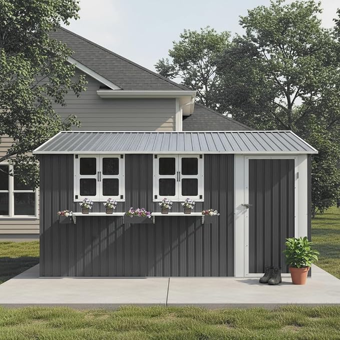 KEIKI 12x10 FT Outdoor Metal Storage Shed with 3 Clear Windows, Flower Rack Lockable Single Door Heavy Duty Steel Tool Shed Waterproof Rust Resistant Windproof for Backyard Garden Patio, Grey