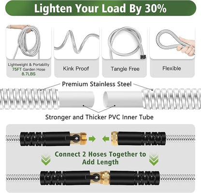 Metal Garden Hose 75 ft Stainless Steel Water Hose Heavy Duty Flexible Lightweight Durable Long No Kink Hoses Pipe with 10 Function Nozzle Strong 3/4’’ Solid Brass Fitting for Outdoor Yard