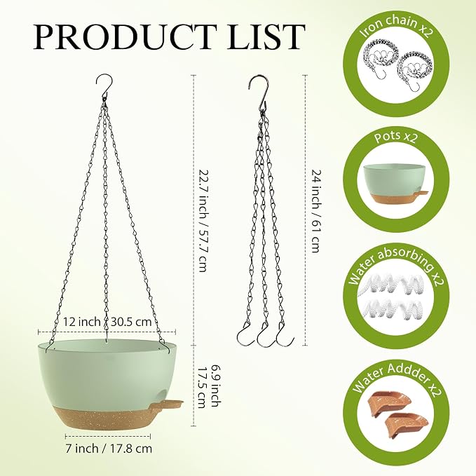 12 Inch Hanging Baskets 2 PC with Chains, Self-Watering Hanging Planters for Indoor Outdoor Plants, Plastic Hanging Flower Pots,Green Brown