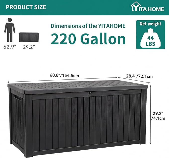 YITAHOME 220 Gallon XL Deck Box Large Outdoor Storage w/Divider for Patio | Outdoor Cushions, Garden Tools, Sports Equipment and Pool Supplies, Waterproof, Resin, Lockable, Black