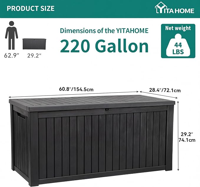 YITAHOME 220 Gallon Large Outdoor Storage XL Deck Box w/Divider for Patio | Outdoor Cushions, Garden Tools, Sports Equipment and Pool Supplies, Waterproof, Resin, Lockable, Black