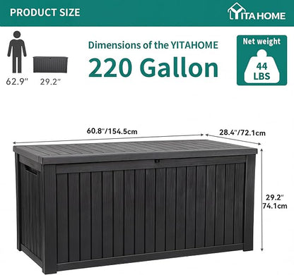 YITAHOME 220 Gallon Large Outdoor Storage XL Deck Box w/Divider for Patio | Outdoor Cushions, Garden Tools, Sports Equipment and Pool Supplies, Waterproof, Resin, Lockable, Black